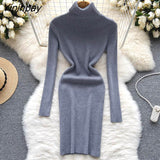 Yipinpay Full Sleeve Slim Knitted Pencil Dress Female Casual Pullover Turtleneck Sweater Bodycon Dress Ladies Autumn Winter