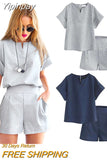 Yipinpay Summer New Cotton Linen Oversized Women's Shorts Sets Solid Fashion Short Sleeve T-shirt Top and Shorts 2 Piece Set Outfits