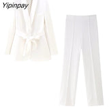 Yipinpay Women 2023 Elegant Blazer Suits Sets Fashion Long Sleeve Jacket With Belt Solid High Waisted Baggy Wide Leg Pants