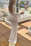 Yipinpay Women's Summer Long Knit See-through Beachwear Solid Color Flare Long Sleeve O Neck Hollow Backless Cover Up Dress