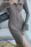 Yipinpay Autumer Winter Knit Casual Long Sleeve Button Elegant Chic POLO Collar Slim Sweater Dress for Women Vintage Korean Fashion