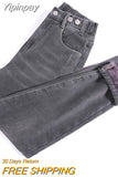 Yipinpay Winter Velvet Thick Warm Mom Jeans High Waist Denim Harem Pants Loose Korean Casual