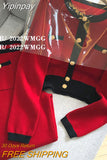 Yipinpay Leg Pants Sets 2 Piece Sets Womens Outfits Casual Tracksuit Metal Button Red Cardigan Cropped Knitwear Coat Korean Clothes