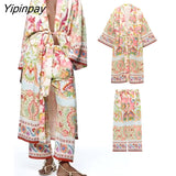 Yipinpay 2pcs Summer Women Kimono Style Shirts+Trousers Suit Floral Printed X-Long Drawstring Blouse Set Female Pant Casual Clothes