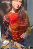yipinpay Top Women Long Sleeve T-Shirts Graphic T-Shirt New Year O Neck Baby Tee Female Slim Patchwork Crop Top 90s Anime Clothes