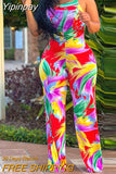 Yipinpay Women Elegant Spaghetti Sleeveless All Over Print Straight Leg Working Jumpsuits