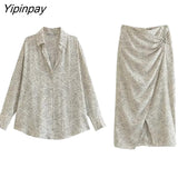 Yipinpay Summer Women Printed Skirt Set Long Sleeve Turn Down Collar ShirtHigh Waist Straight Elastic Pleated Skirts Casual Outwear