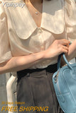 Yipinpay Temperament Simple Lapel Top Camisas Summer Blouse Vintage Short Sleeve Shirt Blusas Mujer De Moda Doll Shirts for Women
