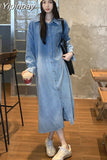 Yipinpay Button Denim Shirt Dress Turn-turn Collar Madi Long Sleeve Vestido De Mujer Vintage Casual Spring Korean Femme Robe Big