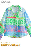 Yipinpay Patchwork Button Up Shirt Women Print Long Sleeve Top Female Loose Summer Blouses Woman 2023 Collared Women's Beach Shirt