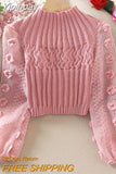 Yipinpay High Collar Sweaters Jumper Pink Twists Sweater Bubble Sleeves Sweet Flowers Knitted Tops Sueter Mujer Chiffon Shirt Chic