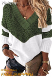 Yipinpay Autumn Winter V-neck Women's Pullover Leopard Striped Vintage Long Sleeve Knit Top Korean Fashion Pink Women Sweater Jersey