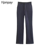 Yipinpay 2023 Women Striped Blazer Pant Sets Spring Autumn Long Sleeve Office Outfits Double Breasted Jacket Zipper Trouser Outwear