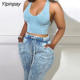 Yipinpay Women Fashion Clothes Bright Line Decoration Drawstring Elastic Waist Straight Leg Denim Jeans Pants
