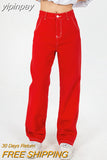yipinpay Size Red High Waist Women's Jeans Wide Leg Baggy Chic Design Denim Pants Streetwear Vintage Summer Straight Jean Trouser