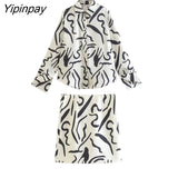 Yipinpay New Summer Elegant 2 Piece Printed Skirt Set Vintage Soft Turn Down Collar Long Sleeve Female Casual Skirt Lady Suit