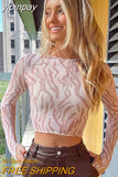 yipinpay Mesh Top Women Streetwear Long Sleeve Graphic Tee See Through O Neck Tops Slim Anime T-shirt Sexy Crop Top Women Clothing