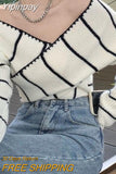 Yipinpay Cross V Neck Off The Shoulder Black White Striped Knitted Sweaters Women Sexy One Slim Irregular Crop Top 2023 Grey