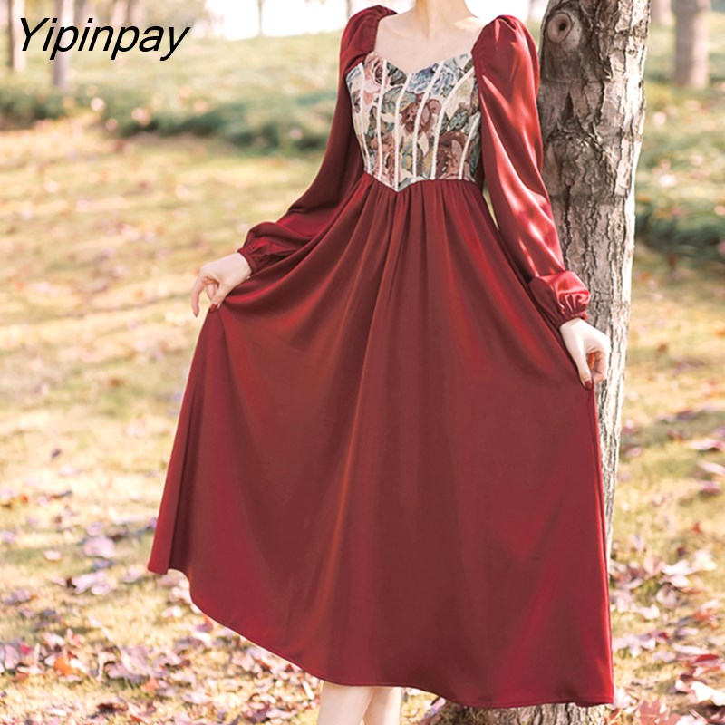Yipinpay Autumn Women Dress Vintage Party Dress Patchwork Long Red Dresses French Style Retro Female Bing 2023 HOT