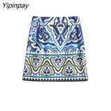 Yipinpay 2023 Women Printed Skirt Sets Spring Summer Elegant Thin Long Sleeve Tops High Waist A-Line Mini Dress Casual Outwear