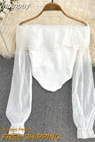 yipinpay Vintage Elegant Chiffon Blusas Women Slash Neck Sexy Ruffles Club Blouses Female White Casual Off Shoulder Shirts Tops