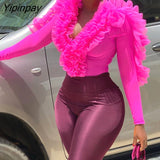 Yipinpay Women Y2K Chic Ruffle Hem Plunge Long Sleeve Bodysuit fashion Blouses Tops