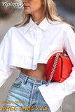 Yipinpay Irregular Cropped Shirt Top Women Sexy Korean Streetwear Blouses Casual Lapel Pocket Patchwork Long Sleeve White Shirt