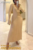 yipinpay Knitted Dresses For Women 2023 Autumn Winter Elegant Pleated Long Dresses Long Sleeve V Neck Casual Slim White Maxi Dress