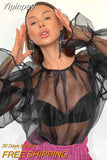 Yipinpay See-Through Mesh Sheer Cover-up Tops Casual Street Flare Long Sleeve O-Neck Smock Tops Women Fashion Blouses Shirts
