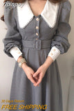 Yipinpay Chic Temperament Single-breasted Lapel Plaid Dress Sashes Slim High Waist Puff Long Sleeve Vestido Feminino Elegant Fall