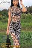 yipinpay Short Sleeve Daisies Print Mesh See-Through Sexy Maxi Dress Summer Women Fashion Streetwear Outfit Sundress