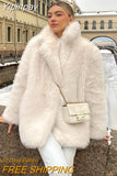 Yipinpay Women Autumn Winter Furry Fur Outerwear Elegant Thick Warm Long Sleeve Turndown Collar Female Overcoat 2023 Fashion Fur Coat