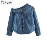 Yipinpay Fashion Asymmetrical Denim Shirt for Women 2023 Single Breasted Pockets Blouse Woman Long Sleeve Jeans Shirts Ladies