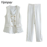 Yipinpay New Women Solid Vest Blazer Suit Set 2023 Spring Double Breasted Sleeveless Jackets Side Zipper Pencil Pants