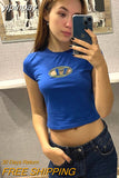 yipinpay Top Y2K Tops Letter Print Tshirt O Neck Short Sleeve Baby Tees Women Clothes Basic Blue 90s Causal Streetwear Black T Shirt
