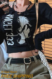 Yipinpay Grunge Y2k Women's T-shirt Vintage Printed O-Neck Patchwork Slim Long Sleeve Top Kpop Fashion Graphic T Shirt Streetwear