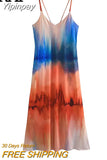 Yipinpay Tie Dye Slip Dress Woman Print Backless Long Dress Women Sleeveless Midi Summer Dresses Woman 2023 Beach Casual Dresses