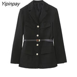 Yipinpay 2023 Women Solid Blazer Jacket With Belt Spring Notched Office Outfits Coats Single Breasted Chic Outwear