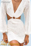 Yipinpay Crochet Beach Dress Solid Color/ Striped Backless Bikini Cover Ups V-Neck Long Sleeve Short Dress Elegant Party Club