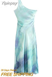 Yipinpay Tie Dye Satin Dress Woman Asymmetric Long Dresses For Women 2023 Off Shoulder Elegant Midi Dresses Ruched Party Dresses