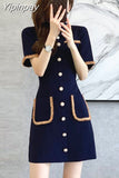Yipinpay Pocket Button Knit Dress Mini A Line Femme Robe 2023 Summer French Elegant Retro Slim Elegant Casual Short Sleeve Vestidos