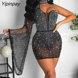 Yipinpay Women Chic Mesh Patchwork Long Flared Sleeves Rhinestone Halter Mini Party Sexy Dress