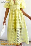 Yipinpay Women Elegant Hollow Out Puff Sleeve Dress 2023 Summer Fashion Chic V-Neck Mesh Midi Frock Party Banquet Trend Ladies Vestido