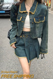 yipinpay Women Blue Denim Jacket Outwear Single-breasted POLO Collar Fashion Vintage Leisure Short Coat Tops Irregular Short Skirt Suit