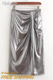 Yipinpay Fashion 2023 Women's Skirt Summer Female Chic Silver Casual Midi Skirts Ladies Chic Elegant Folds A-Line Long Skirts New