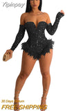 Yipinpay Women Sexy Sequined Hem Feather Bodysuits Spice Girls Off Shoulder Long Sleeve Skinny Playsuit 2023 Hot Club Party Dresswear