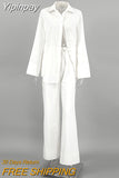 Yipinpay White Street Style Cotton Linen Pants Suits Women Casual 2-Pieces Sets Lapel Shirts And Wide Legs Pants Office Sets
