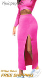 Yipinpay Women's Knit T-shirt Skirt Sets Suits Clothes Fashion Long Sleeve Cropped Tops Tight Slit Long Skirt Women's Suits Autumn 2023