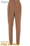 Yipinpay Vintage Zipper Khaki Trousers Women High Waist Office Pants Ladies Brown Trousers Work Wear Spring Long Pants 2023