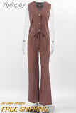 Yipinpay Office 2 Pieces Sets Elegant Cotton Linen V-Neck Sleeveless Button Vest Outfit Summer High Waist Wide Leg Pants Sets